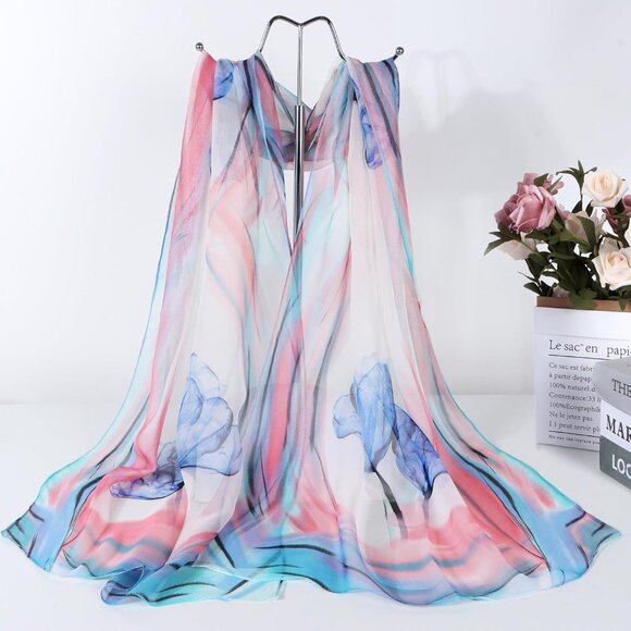 Women's Blue Pink Fashion Lightweight Head Scarf Floral Print Chiffon Scarves - Picture 2 of 6